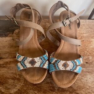 MINNETONKA Southwestern Western Design Beaded Tan Leather Cork Wedge Heels 7.5M